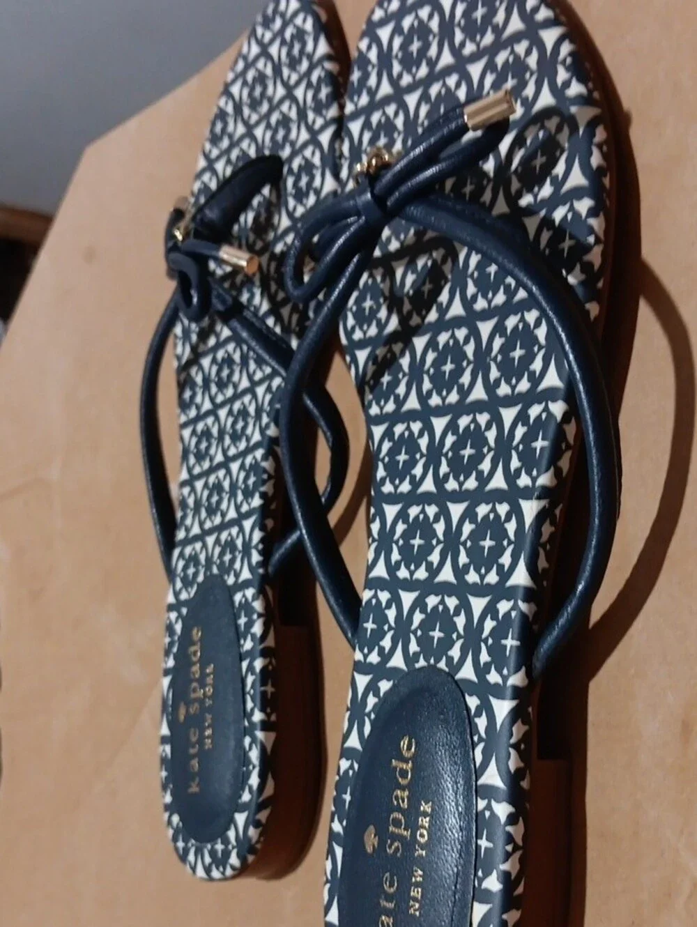 kate spade Navy & White Patterned Bow-Trim Slide Sandals